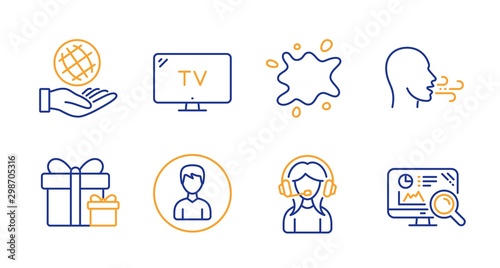 Breathing exercise, Surprise package and Person line icons set. Tv, Safe planet and Support signs. Dirty spot, Seo analytics symbols. Breath, Present boxes. Business set. Vector
