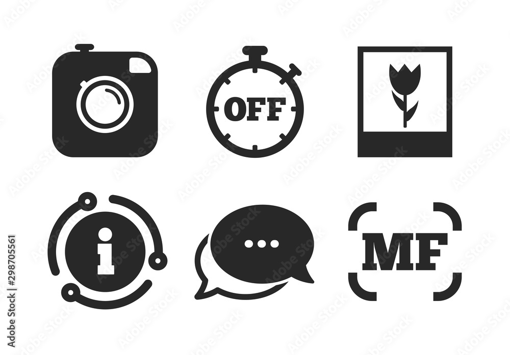 Manual focus symbols. Chat, info sign. Hipster retro photo camera icon. Stopwatch timer off sign. Macro symbol. Classic style speech bubble icon. Vector