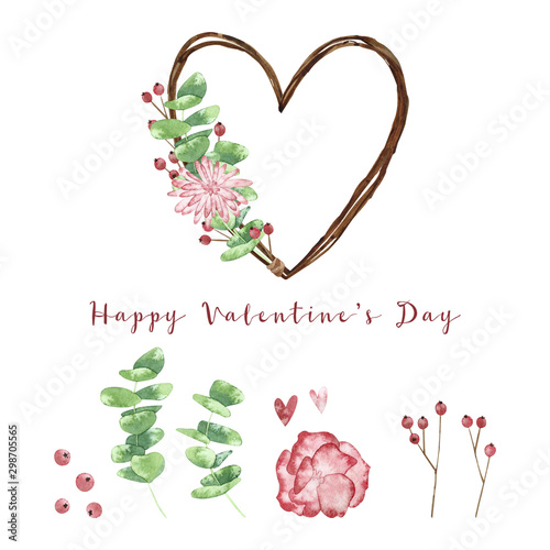 Watercolor heart-shaped wreath and floral elements. Hand drawn illustration, isolated on white background. Perfect for Valentine's day cards, wedding invitation, wrapping paper