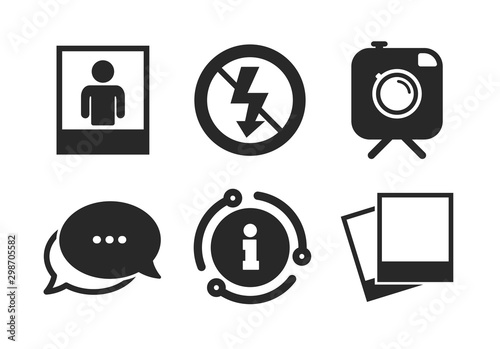 No flash light symbol. Chat, info sign. Hipster retro photo camera with mustache icon. Human selfie portrait photo frame. Classic style speech bubble icon. Vector