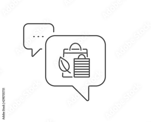 Bio shopping bags line icon. Chat bubble design. Leaf sign. Natural products symbol. Outline concept. Thin line bio shopping icon. Vector