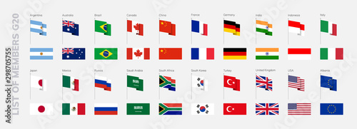 G20 countries flags. International financial summit forum meeting flags symbols. Isolated vector icons set. G4, G7, P5, BRICS, MICTA