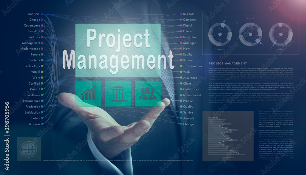 Businessman outreached hand holding a Project Management business concept on a computerised screen display.