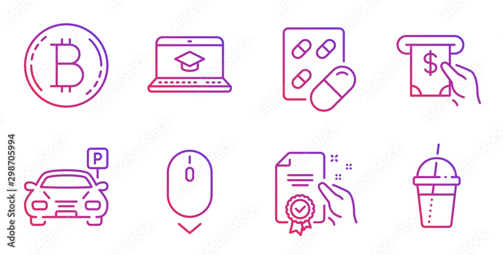 Atm service, Parking and Bitcoin line icons set. Website education, Scroll down and Certificate signs. Capsule pill, Coffee cocktail symbols. Cash investment, Car park. Business set. Vector Atm service, Parking and Bitcoin line icons set. Website education, Scroll down and Certificate signs. Capsule pill, Coffee cocktail symbols. Cash investment, Car park. Business set. Vector