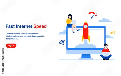 Small people with laptops use high speed fast Internet. Network wireless technology. Flat vector concept illustration for web page, banner, poster, template, layout, presentation. 