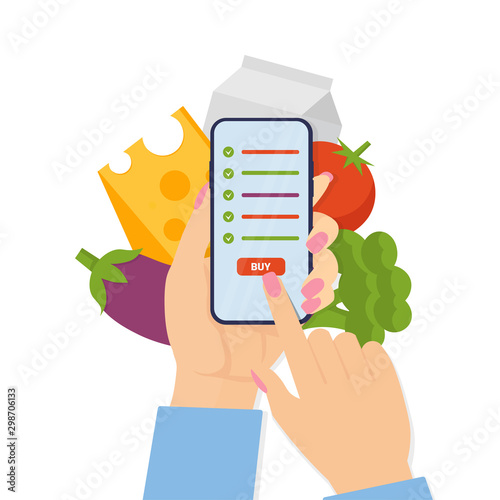 Woman holding phone and order food via mobile, online food delivery service. Flat vector illustration concept isolated white background. Use for, landing page, template, web, app, poster, banner. 