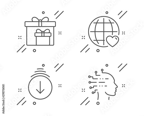 International love, Scroll down and Delivery boxes line icons set. Artificial intelligence sign. Internet dating, Swipe screen, Birthday gifts. Mind intellect. Vector