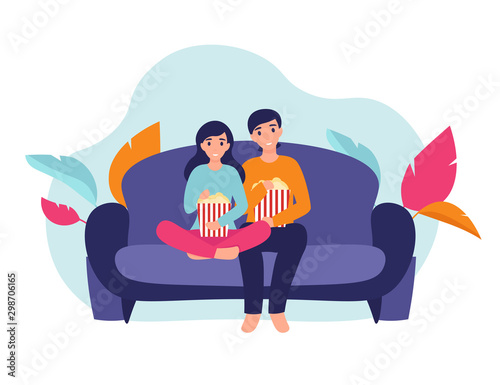 Couple woman and man at home sitting on sofa, watching movie and eating popcorn together. Flat vector cartoon illustration home comfort concept.