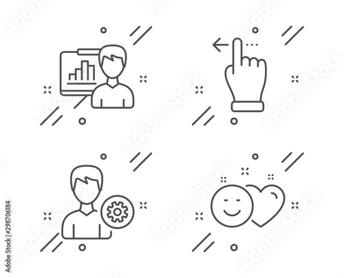 Support, Presentation board and Touchscreen gesture line icons set. Smile sign. Edit profile, Growth chart, Slide left. Social media like. People set. Line support outline icon. Vector
