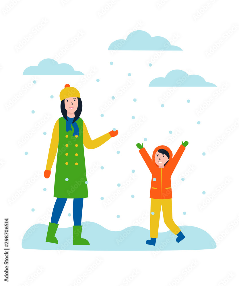 Fototapeta premium Mother and son play and catch snowflakes. Female character and child playing snowballs. Winter weather flat vector concept illustration isolated white background.