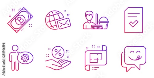 Cogwheel, Cleaning service and Bitcoin line icons set. Architectural plan, World mail and Checked file signs. Loan percent, Yummy smile symbols. Engineering tool, Bucket with mop. Vector
