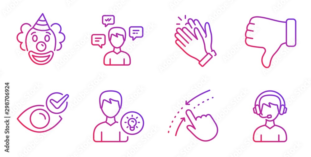 Swipe up, Dislike hand and Clapping hands line icons set. Person idea, Conversation messages and Check eye signs. Clown, Consultant symbols. Touch down, Thumbs down. People set. Vector Swipe up, Dislike hand and Clapping hands line icons set. Person idea, Conversation messages and Check eye signs. Clown, Consultant symbols. Touch down, Thumbs down. People set. Vector