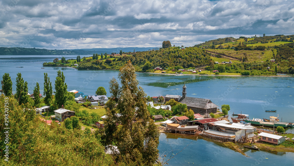 San Juan, Chiloe Island, Chile - View of the Town of San Juan and Its Shipyards and the Wooden Jesuit Church (UNESCO World Heritage)