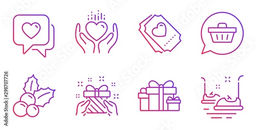 Christmas holly, Heart and Gift line icons set. Shopping cart, Holiday presents and Hold heart signs. Love ticket, Bumper cars symbols. Ilex aquifolium, Love chat. Holidays set. Vector
