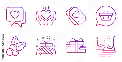 Christmas holly  Heart and Gift line icons set. Shopping cart  Holiday presents and Hold heart signs. Love ticket  Bumper cars symbols. Ilex aquifolium  Love chat. Holidays set. Vector