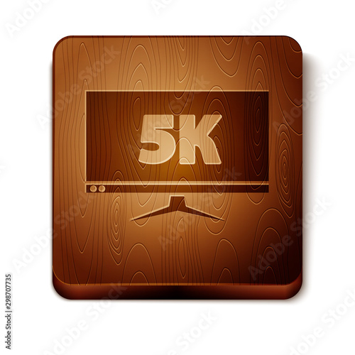 Brown Computer PC monitor display with 5k video technology icon isolated on white background. Wooden square button. Vector Illustration