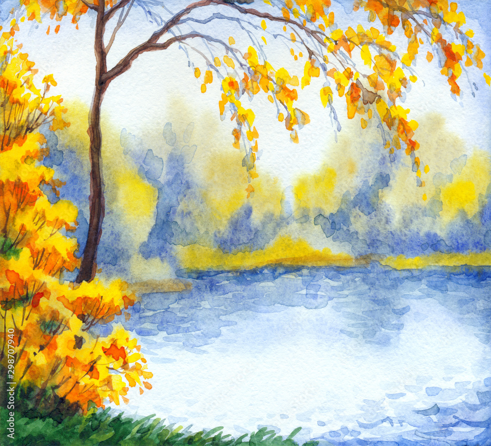 Fototapeta Watercolor landscape. Lake in the autumn forest