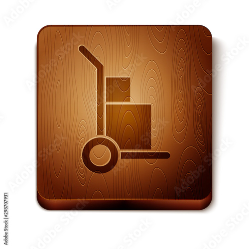 Brown Hand truck and boxes icon isolated on white background. Dolly symbol. Wooden square button. Vector Illustration