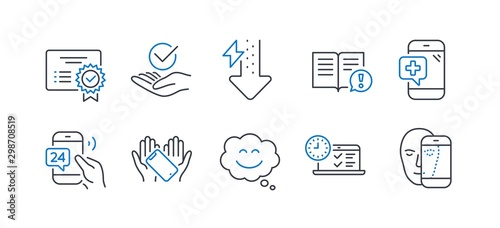 Set of Business icons, such as Medical phone, Certificate, Smile chat, Facts, Energy drops, Approved, Smartphone holding, 24h service, Online test, Face biometrics line icons. Vector