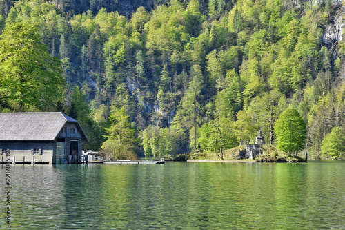 Berchtesgaden, Germany - May 2019. Berchtesgaden National Park, Bavaria (Bayern), Germany. Passenger boat on the Koenigssee lake. Beautiful view of nature near Konigssee lake. electric boat