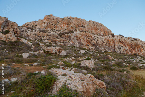 Cape Greko national park view. Rocks, hills, meadows and sea coast.