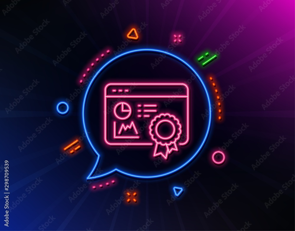 Seo statistics line icon. Neon laser lights. Search engine certificate sign. Analytics chart symbol. Glow laser speech bubble. Neon lights chat bubble. Banner badge with seo certificate icon. Vector