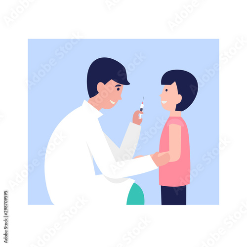 Children vaccination flat vector cartoon concept. Doctor pediatrician makes an injection of flu vaccine to a child. Healthcare and medical treatment of minor children.