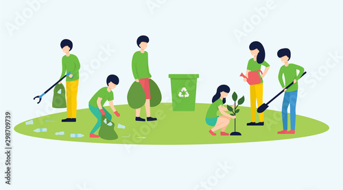 Volunteering, social concept. Volunteer team of people cleaning garbage and plant a trees on lawn of city park, vector flat illustration. Ecological lifestyle.