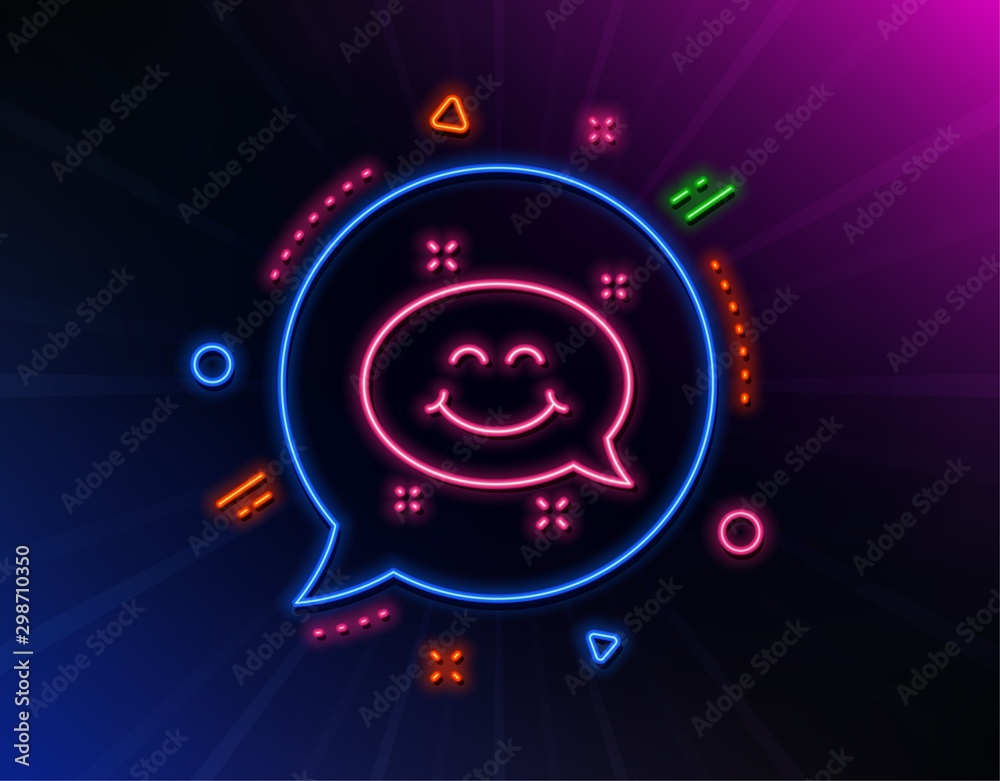 Smile chat line icon. Neon laser lights. Happy face sign. Emoticon speech bubble symbol. Glow laser speech bubble. Neon lights chat bubble. Banner badge with smile chat icon. Vector