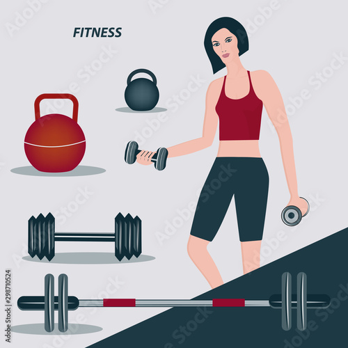 Woman i have dumbbells and a set of sports equipment for fitness - vector. Sport Club.