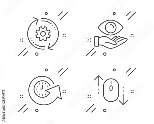 Health eye, Update time and Cogwheel line icons set. Scroll down sign. Optometry, Refresh watch, Engineering tool. Mouse swipe. Business set. Line health eye outline icon. Vector