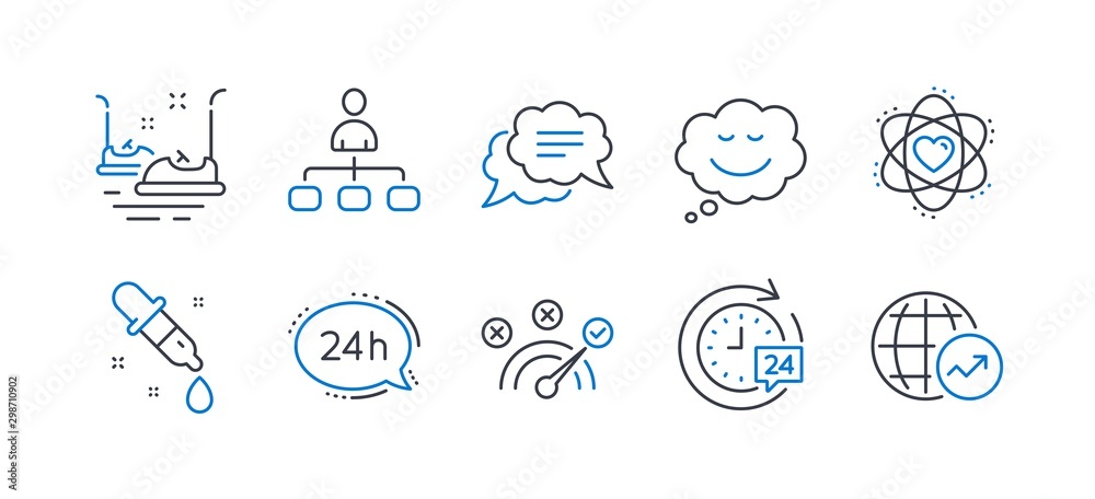 Set of Technology icons, such as Chemistry pipette, Management, Atom, 24h service, 24h delivery, Correct answer, Text message, Bumper cars, Speech bubble, World statistics line icons. Vector
