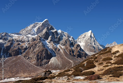 Panorama of Cholatse and Taboche mountain in Sagarmatha National Park, Everest region, Nepal