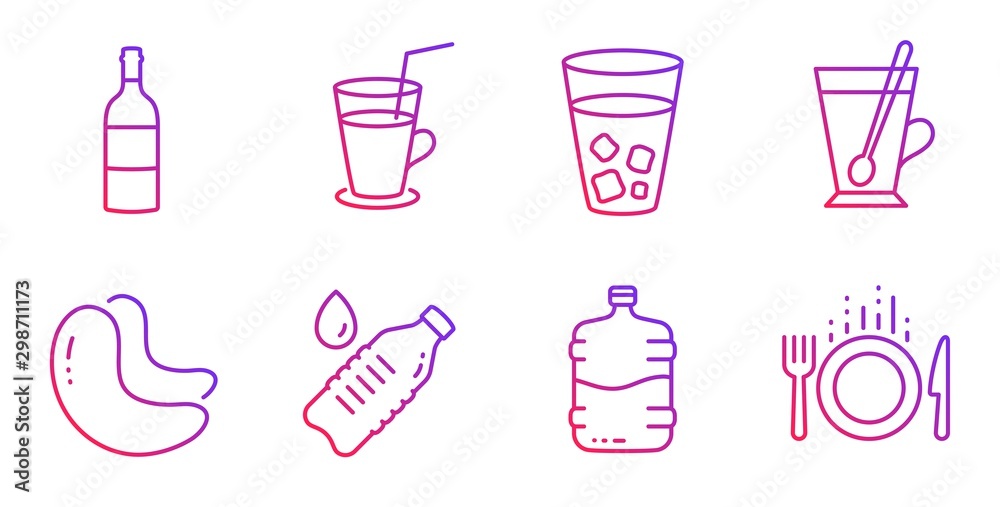 Cocktail, Tea mug and Cooler bottle line icons set. Water bottle, Ice tea and Cashew nut signs. Food symbol. Fresh beverage, Cup with teaspoon. Food and drink set. Gradient cocktail icon. Vector