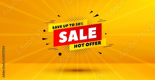 Discount banner shape. Sale 50% off badge. Hot offer icon. Abstract yellow background. Modern concept design. Banner with offer badge. Vector