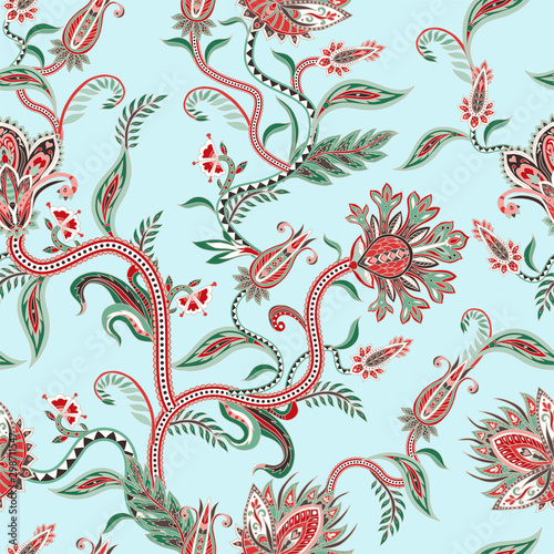 Seamless pattern with ethnic ornament elements and paisleys. Folk flowers and leaves for print or embroidery.