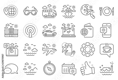 Travel line icons. Passport, Luggage, Check in airport icons. Airplane flight, Sunglasses, Hotel building. Passport check in document, Sea diving. Restaurant hotel food, luggage travel. Vector