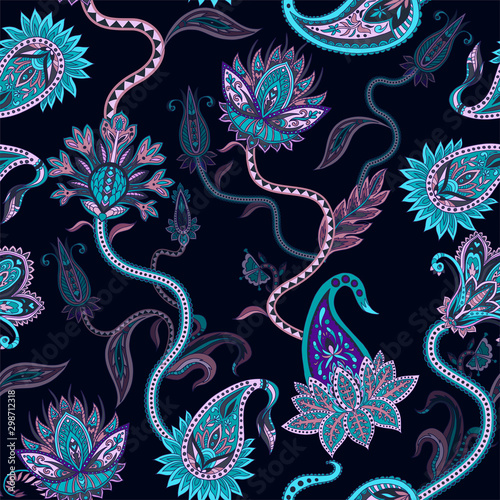 Seamless pattern with ethnic ornament elements and paisleys. Folk flowers and leaves for print or embroidery.