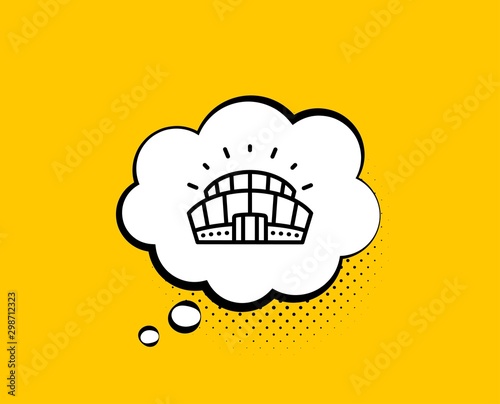 Sports stadium line icon. Comic speech bubble. Arena sign. Sport complex symbol. Yellow background with chat bubble. Sports stadium icon. Colorful banner. Vector