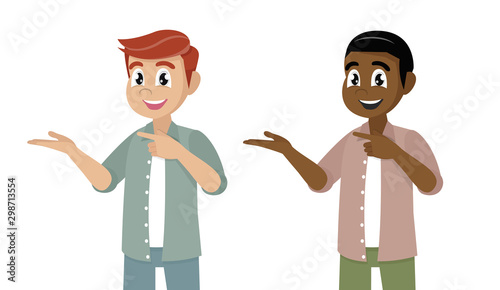Cartoon character Poses, Man pointing away hands together and showing or presenting something while standing and smiling.