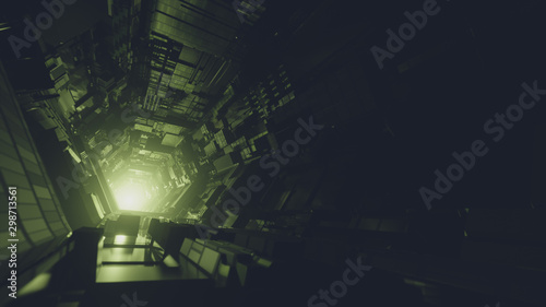 Abstract sci-fi technology tunnel with green light at the end 
