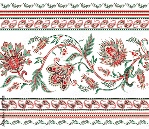 Seamless border with ethnic ornament elements and paisleys. Folk flowers and leaves for print or embroidery.