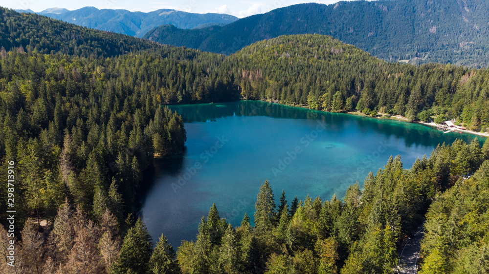 Fusine Lake in Italy. Aerial Drone View Fusine Lake in Italy. Aerial Drone View