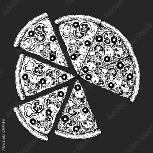 Vector drawing, pizza, table, organic food ingredients. Hand drawn pizza illustration. Great for menu, poster or label.