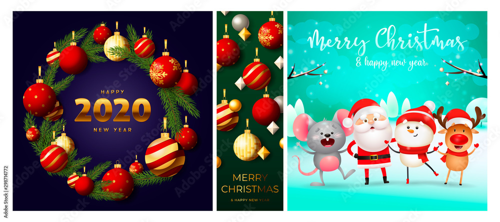Fototapeta premium Merry Christmas blue, green banner set with wreath, animals