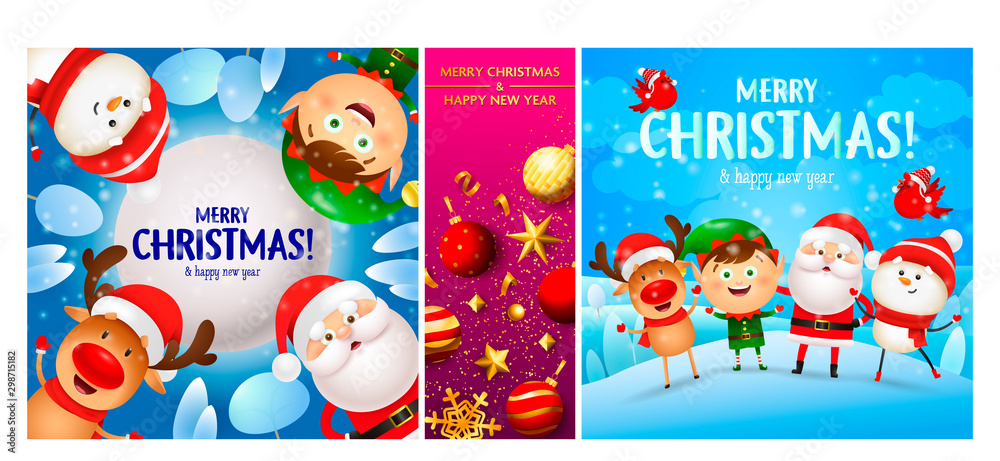 Fototapeta premium Merry Christmas blue, pink banner set with Santa