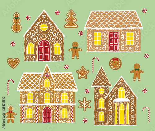 Christmas gingerbread set with gingerbread houses on green background