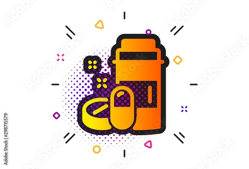 Medicine pills sign. Halftone circles pattern. Medical drugs bottle icon. Pharmacy medication symbol. Classic flat medical drugs icon. Vector