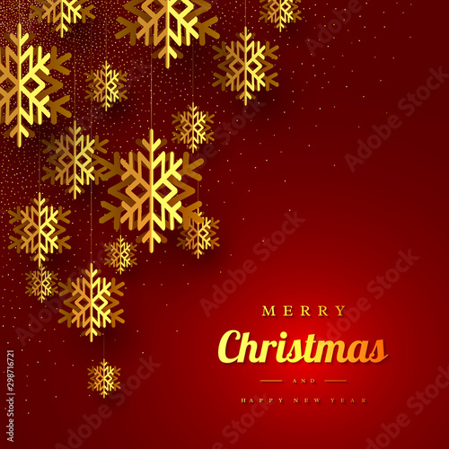Christmas greeting card with hanging golden snowflakes. Luxury New Year holiday design. Glitter texture on red background. Vector illustration.