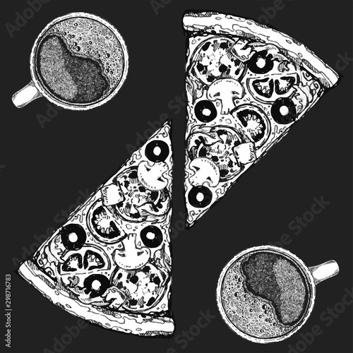 Vector drawing, pizza with coffee, table, organic food ingredients. Hand drawn pizza illustration. Great for menu, poster or label.